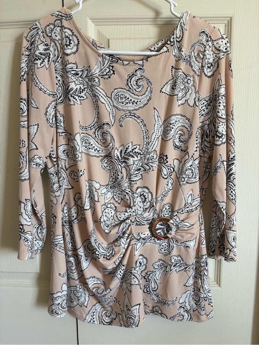 Women's Long-Sleeve Paisley Print Top in Blush with Waist Detail